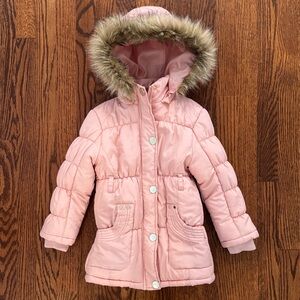Pink Kids Puffer Jacket with Faux Fur Hood